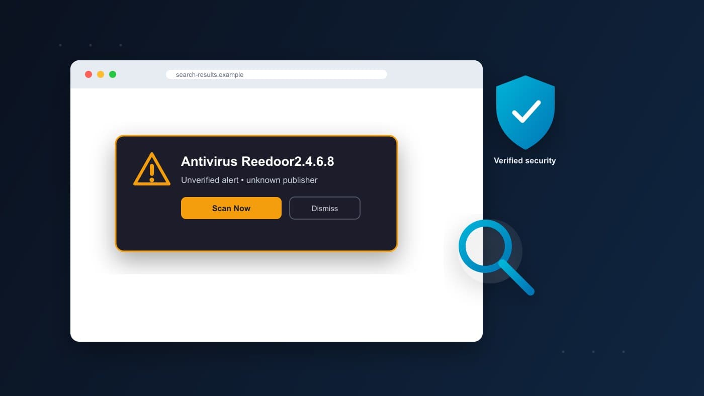 Illustration of a suspicious browser pop-up labeled Antivirus Reedoor2.4.6.8 next to a verified security shield, representing the need to investigate before trusting an unfamiliar security alert