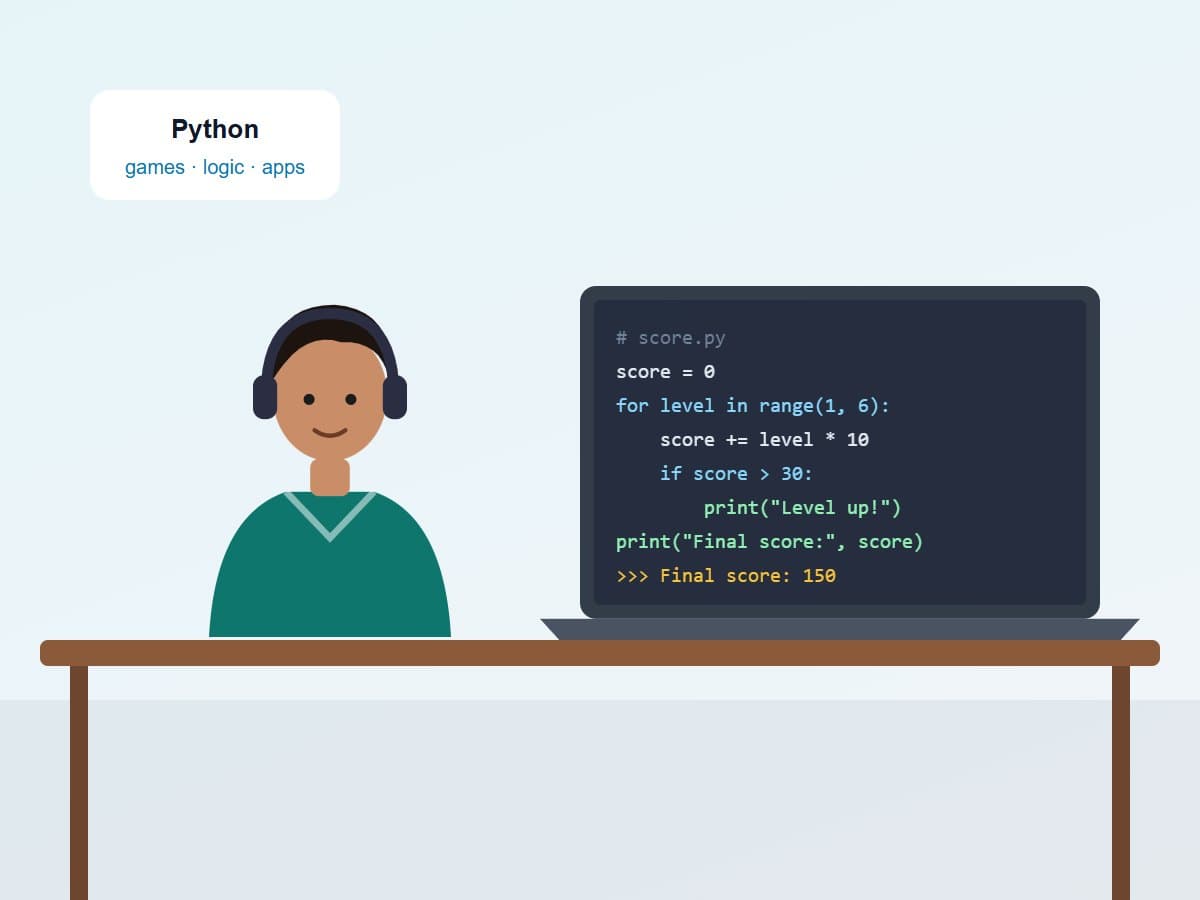 A student with headphones at a desk beside a laptop showing Python code