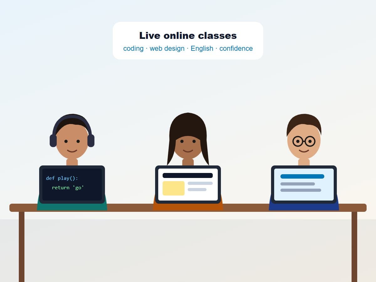 Three students at a shared desk learning online on laptops