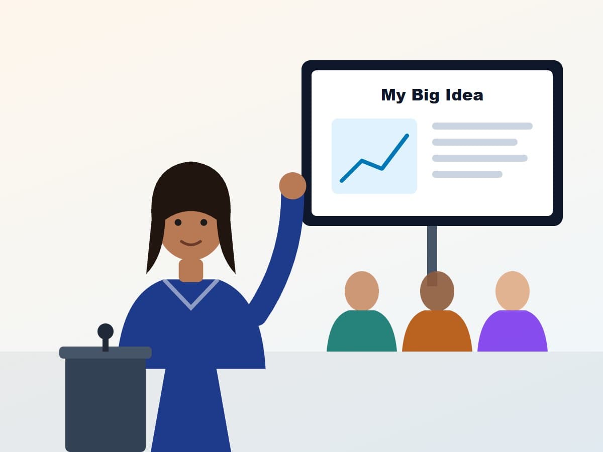 A student confidently presenting ideas on a screen to classmates