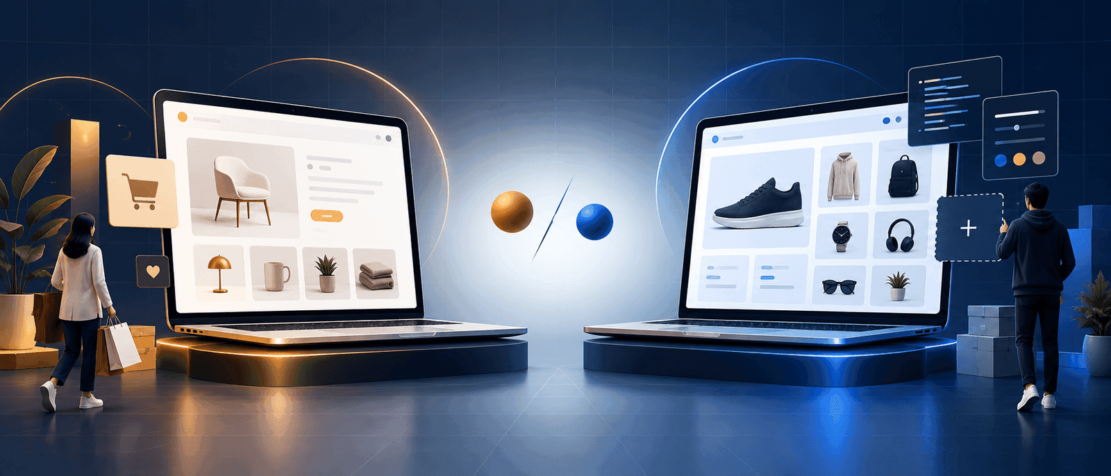 Two modern ecommerce storefronts shown side by side, representing a Shopify versus WooCommerce comparison