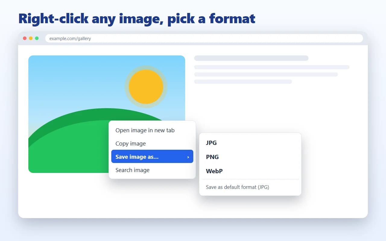 A right-click menu on an image with Save image as, JPG, PNG and WebP options