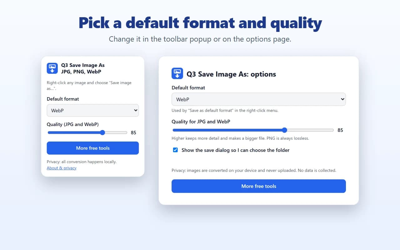 The extension popup and options page with default format and quality settings